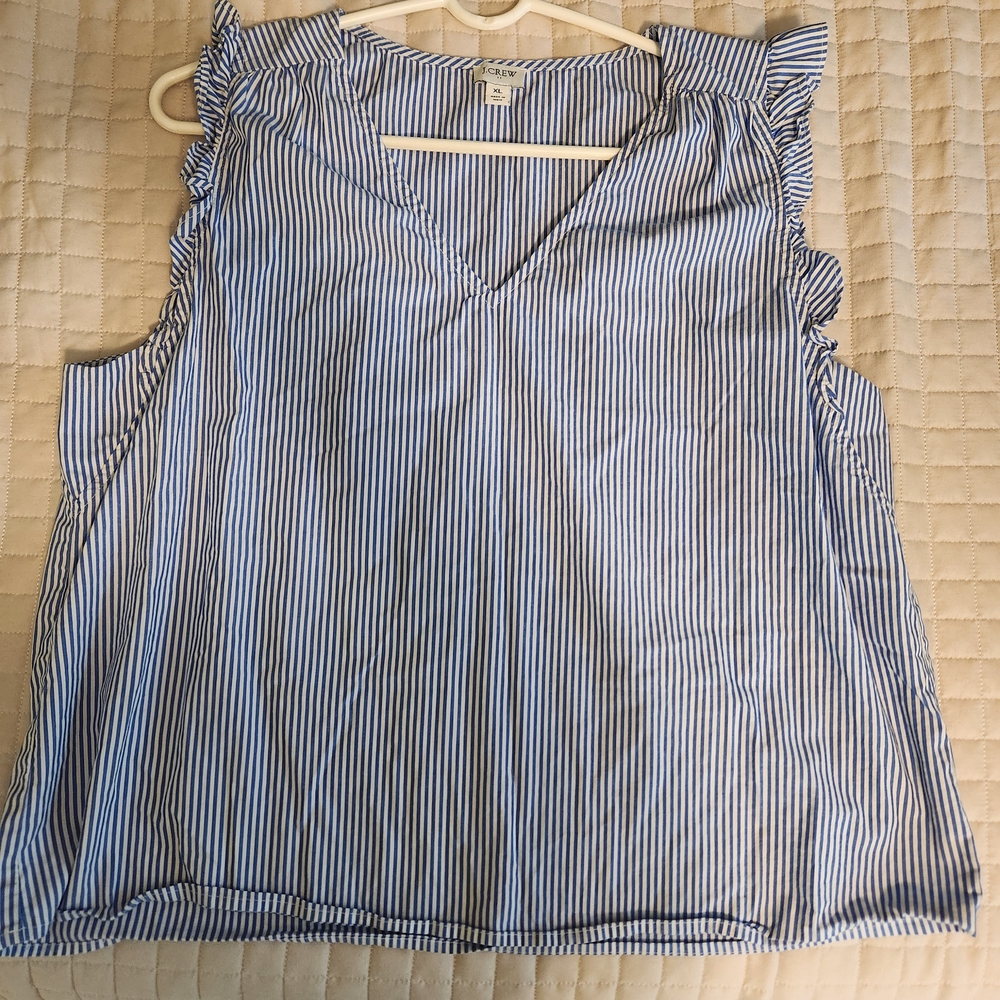 J. Crew Blue and White Striped Ruffle Sleeve Blouse